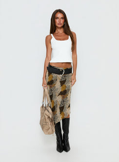   front view of model wearing Princess Polly Suella Asymmetrical Midi Skirt Animal Multi Midi Skirts 