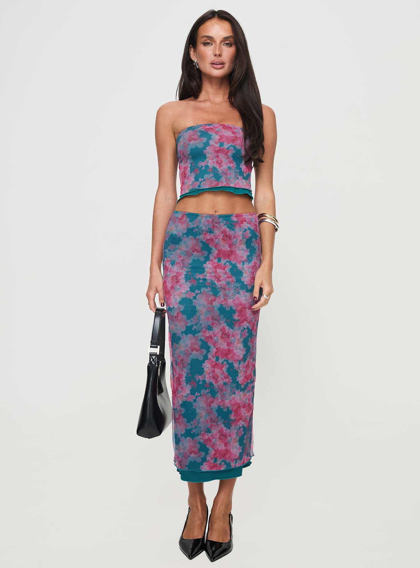 Matching two-piece set Strapless style. elasticated band at bust, layered lettuce edge hem Elasticated waistband, slim fit, layered lettuce edge hem Princess Polly Lower Impact 