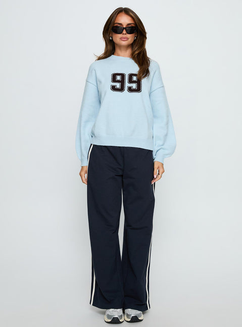 side view of model wearing Princess Polly Ranee Graphic Knit Sweater Blue 