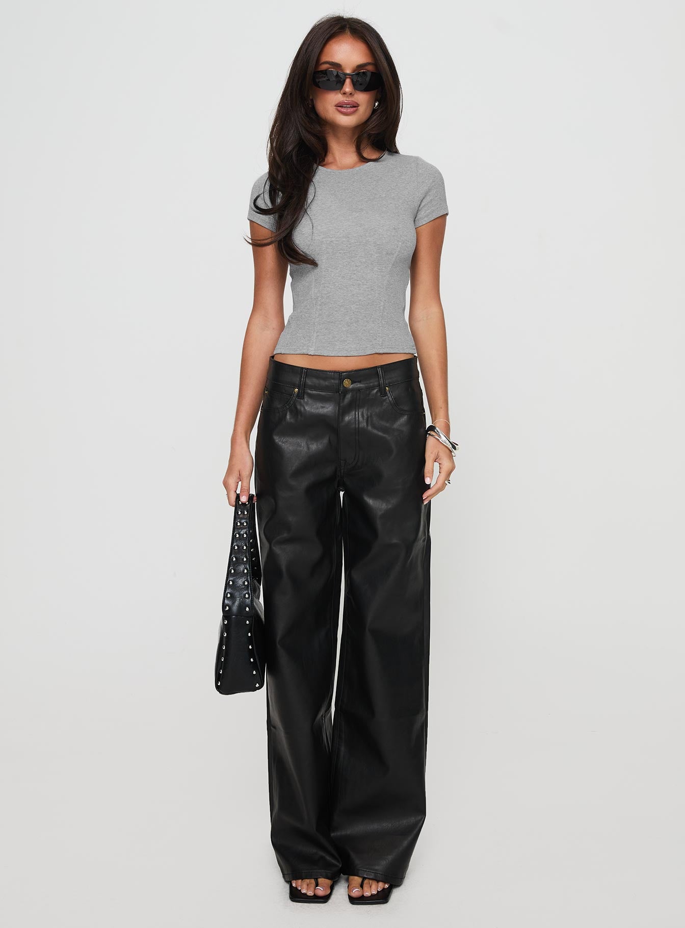 front view of model wearing Princess Polly Collet Top Grey Short Sleeves Crew Neck 