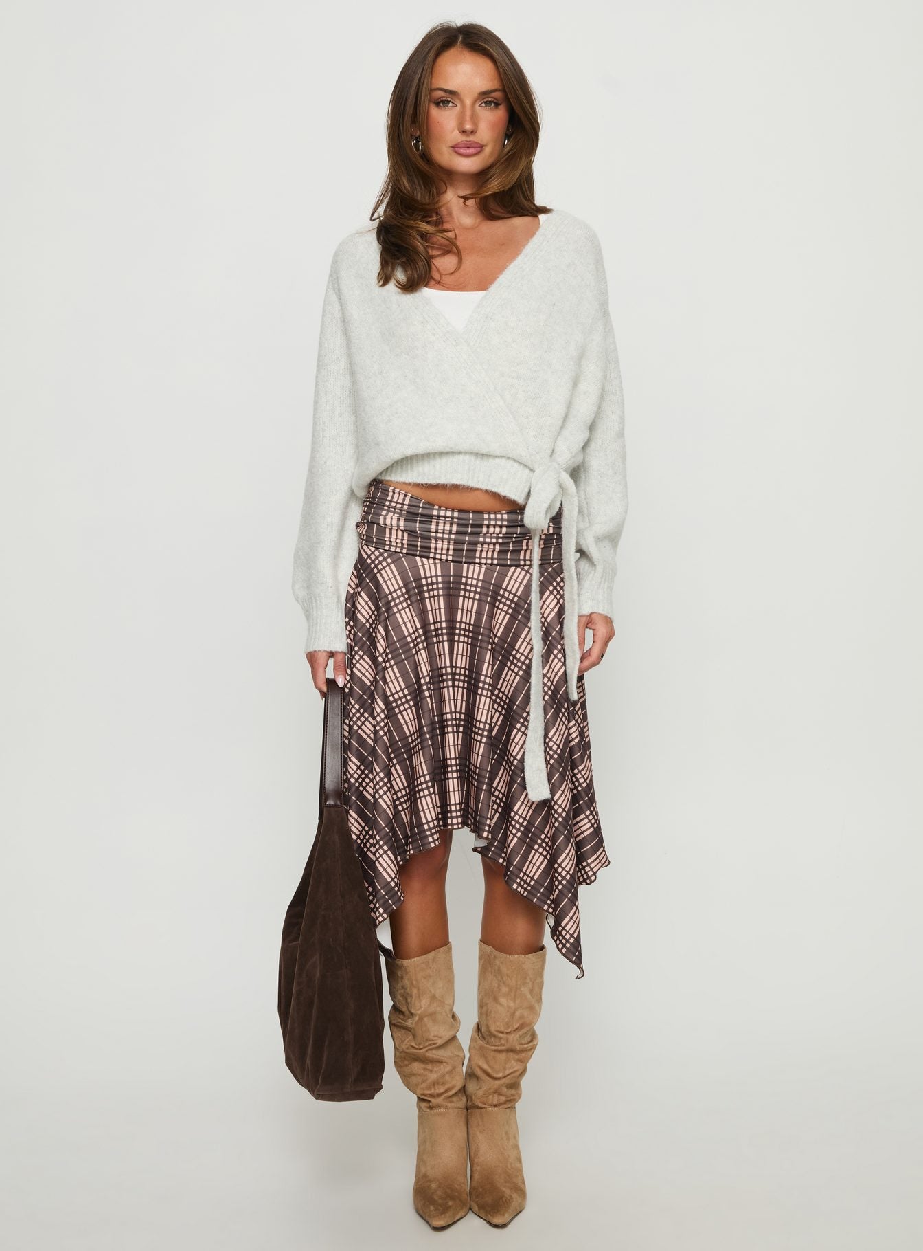 Scholar Asymmetrical Midi Skirt Brown Check | Princess Polly