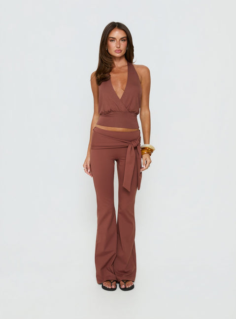 front view of model wearing Princess Polly Daily Define Tie Waist Pants Brown Low Rise Pants 