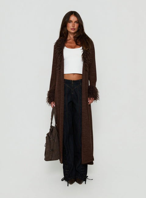 Marriah Longline Faux Fur Trim Cardigan Chocolate