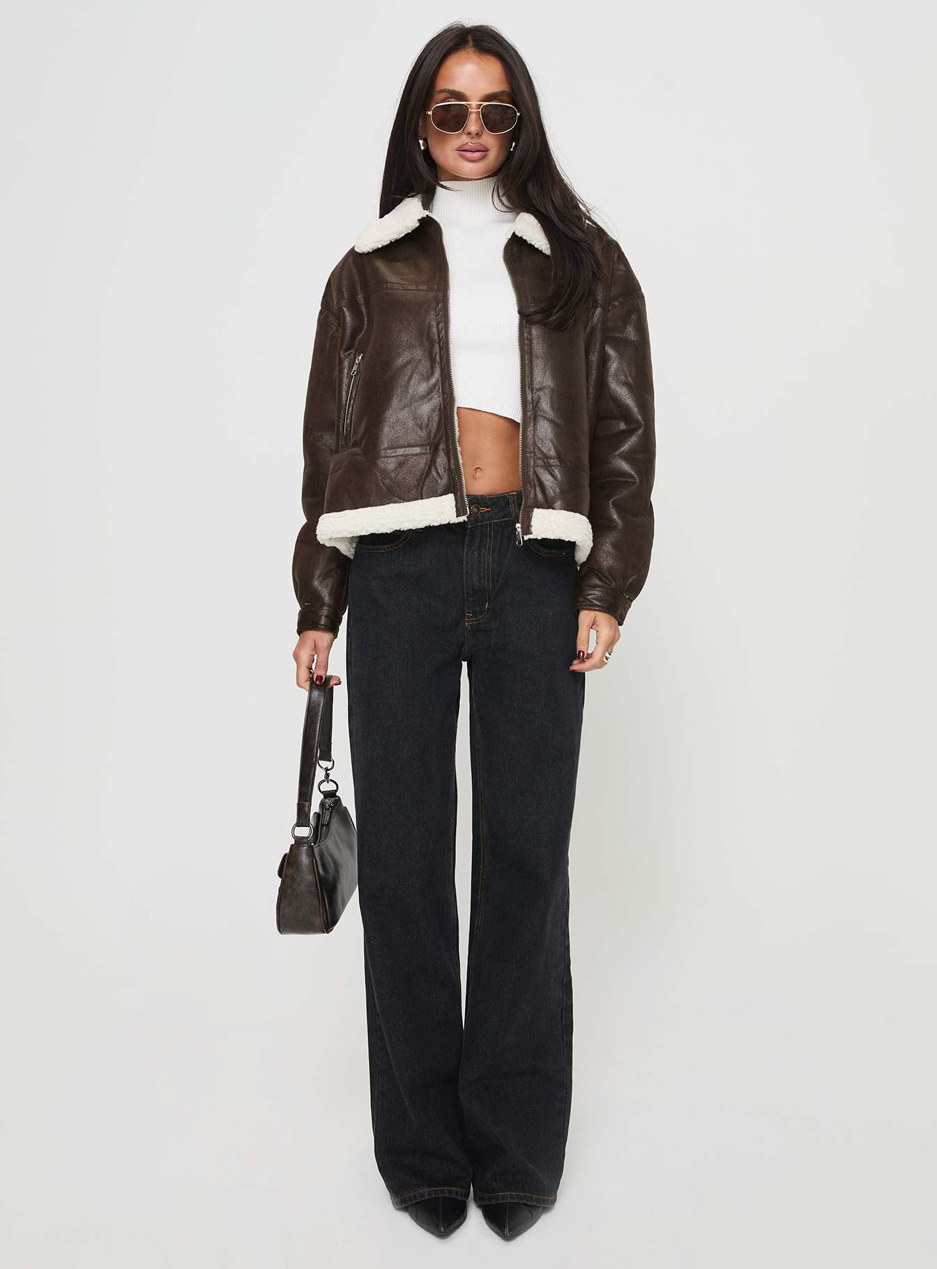 Solara Faux Leather Shearling Jacket Chocolate | Princess Polly