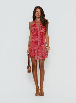 Alvira Halter Mini Dress Red Paisley