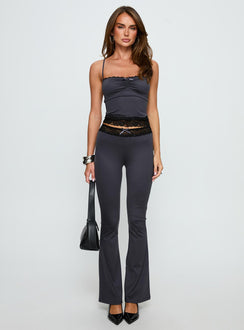 front view of model wearing Princess Polly Georganna Lace Trim Flare Pant Charcoal High Rise Pants 