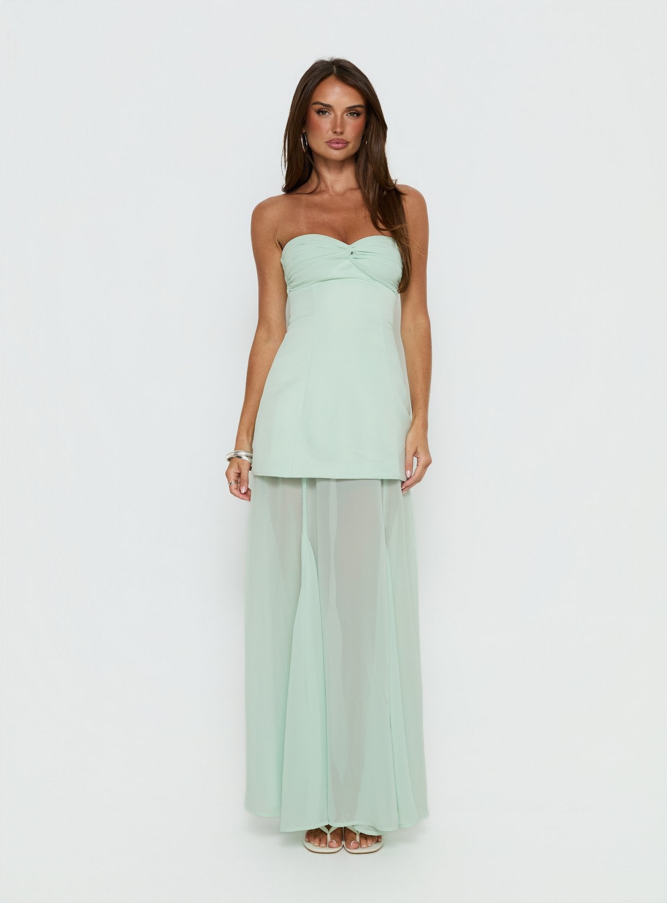 Flashy Sheer Chiffon Strapless Maxi Dress | Green | Womens | Princess Polly Lower Impact Flashy Sheer Chiffon Strapless Maxi Dress | Green | Womens | Princess Polly Lower Impact