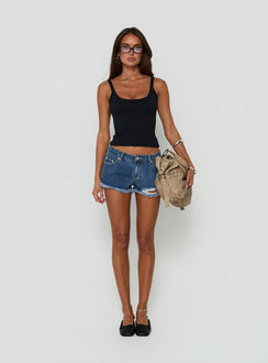 Posse Distressed Micro Denim Shorts Mid Blue Wash