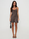 side view of model wearing Princess Polly Linger Bias Cut Dress Brown Petite Scoop Neck 