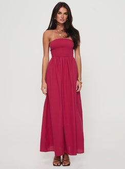 front view of model wearing Princess Polly Dayona Strapless Maxi Dress Red Straight Neck 