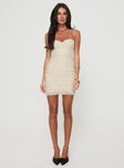 Lace mini dress Bustier style, adjustable straps, ruched at sides, invisible zip fastening Good stretch, fully lined 