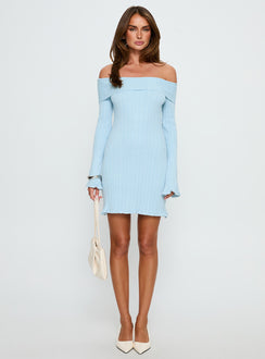 Freshwater Long Sleeve Rib Knit Mini Dress Ice Blue
