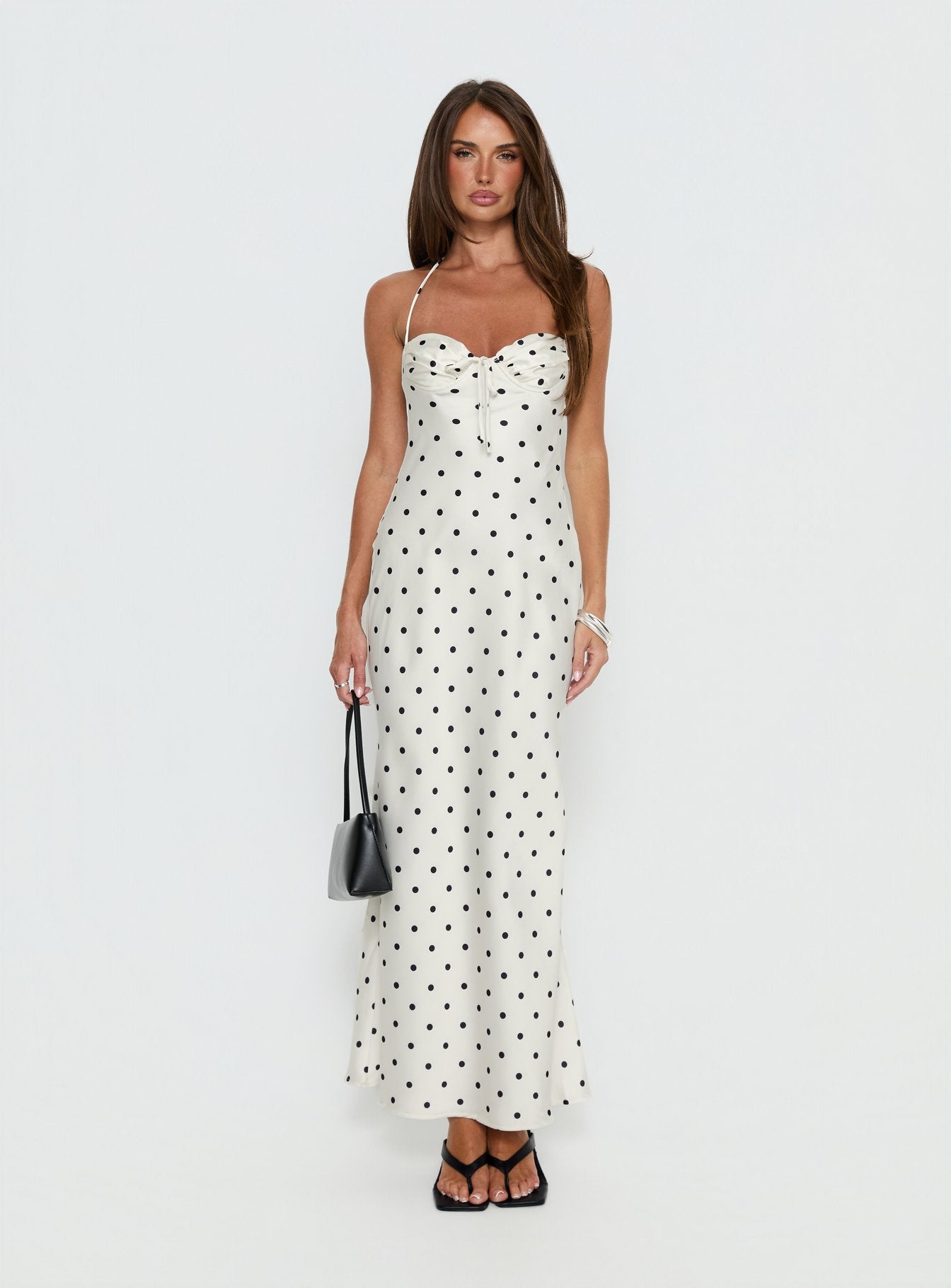 Costella Halter Satin Maxi Dress Cream Polka Dot | Princess Polly Costella Halter Satin Maxi Dress Cream Polka Dot | Princess Polly