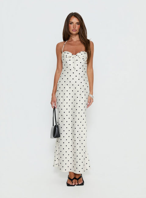 Costella Halter Satin Maxi Dress Cream Polka Dot