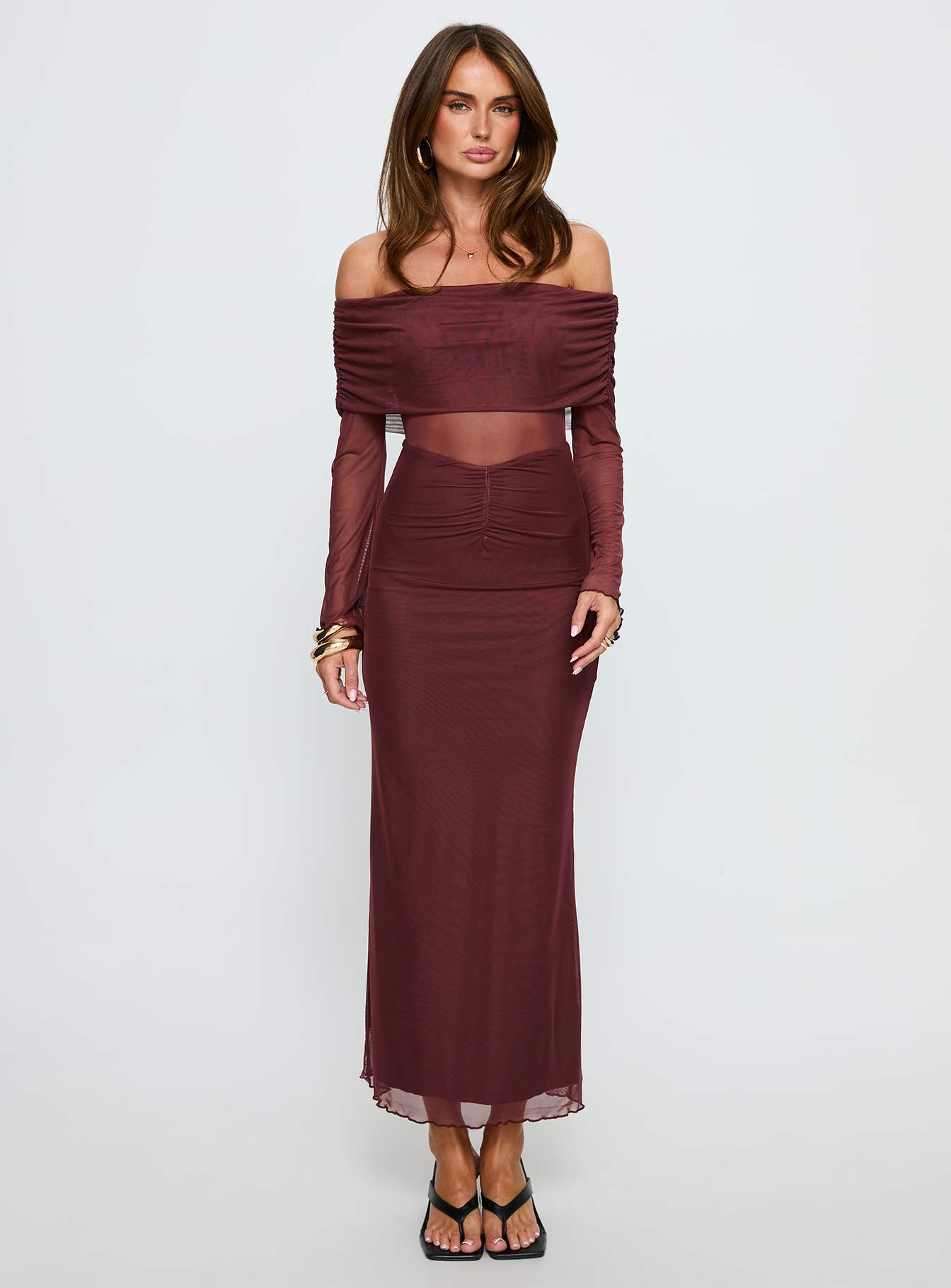 Velouria Off Shoulder Long Sleeve Maxi Dress Brown | Princess Polly Velouria Off Shoulder Long Sleeve Maxi Dress Brown | Princess Polly