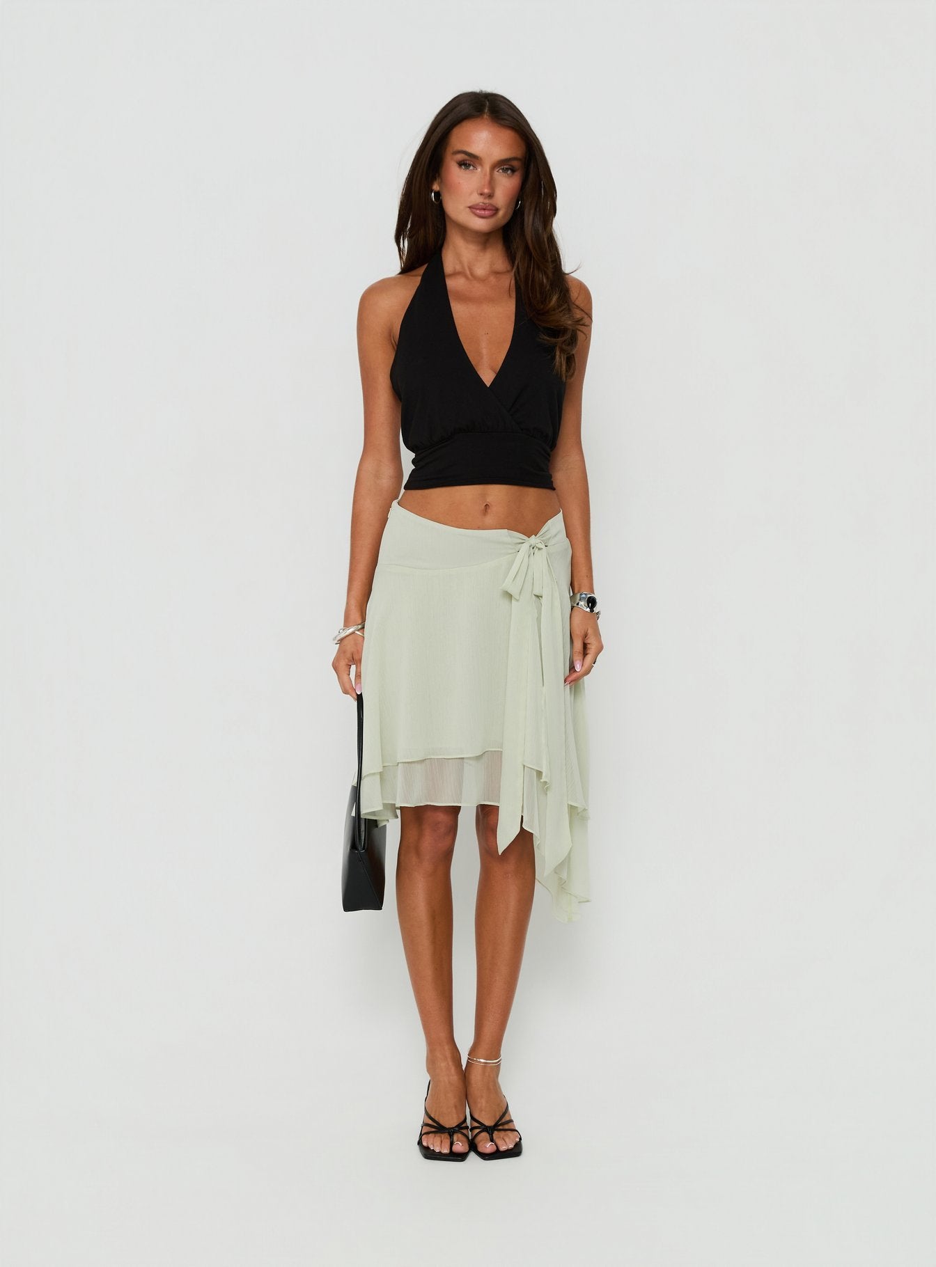 Ophella Tie Waist Chiffon Midi Skirt Sage | Princess Polly