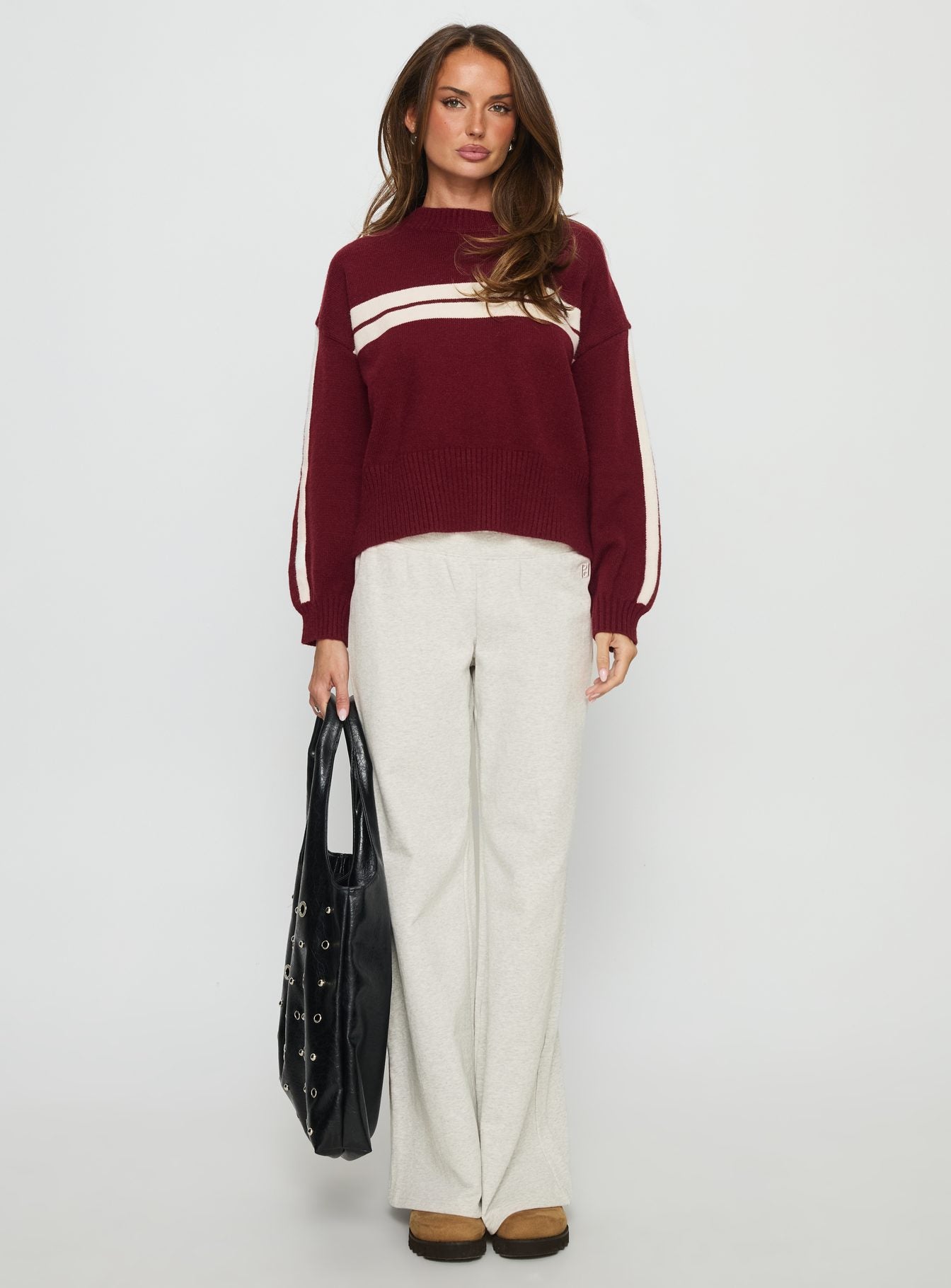 front view of model wearing Princess Polly Catherin Crew Neck Knit Sweater Red / White Cropped Jumpers 