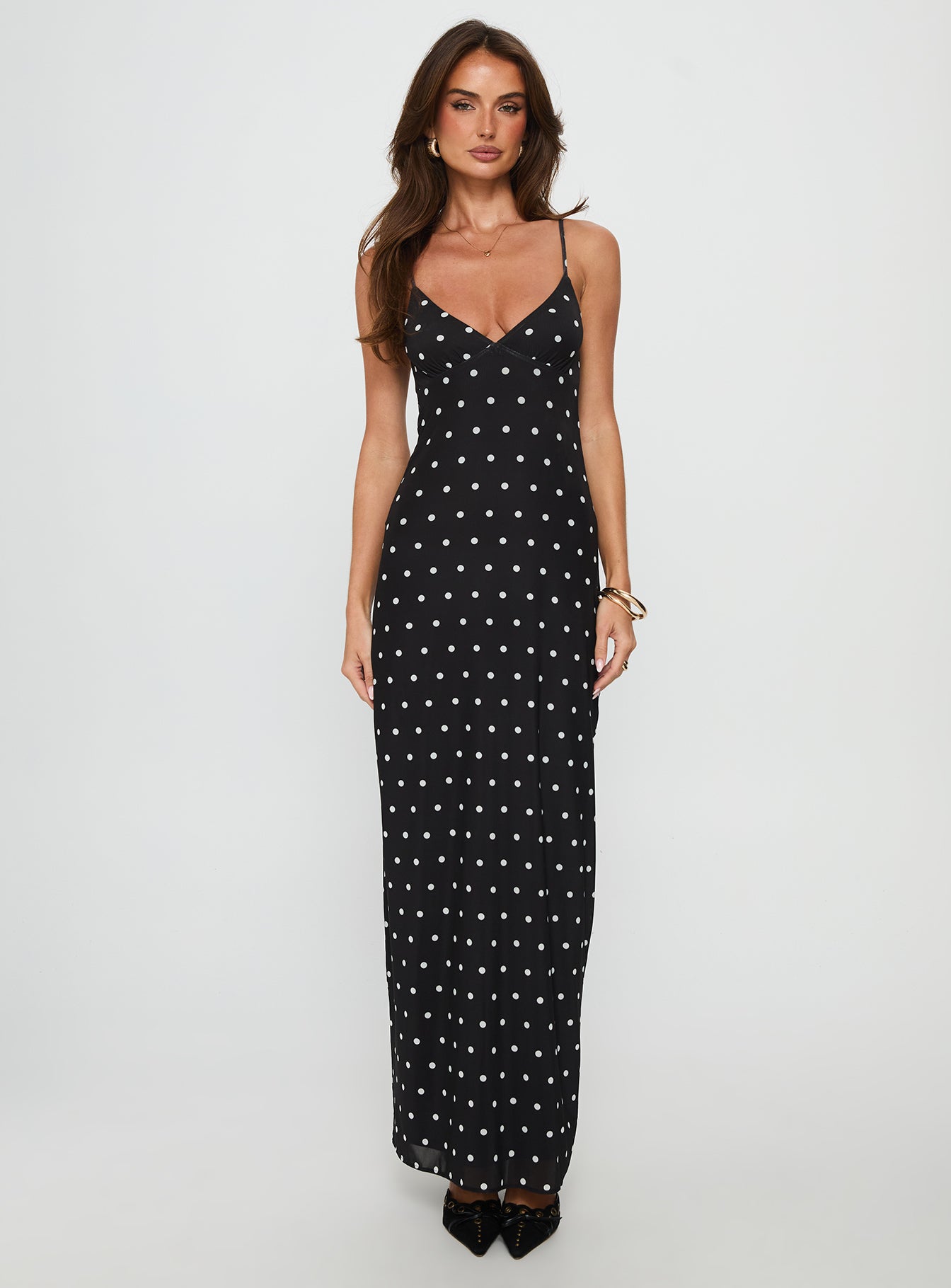 Glass Half Full Mesh Maxi Dress | Black Polka | Womens | Princess Polly Lower Impact Glass Half Full Mesh Maxi Dress | Black Polka | Womens | Princess Polly Lower Impact