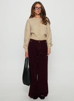 front view of model wearing Princess Polly Jacynda Low Waist Wide Leg Corduroy Jeans Currant Mid Rise Jeans 