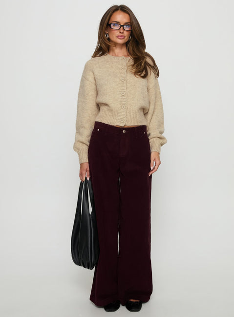 front view of model wearing Princess Polly Jacynda Low Waist Wide Leg Corduroy Jeans Currant Mid Rise Jeans 
