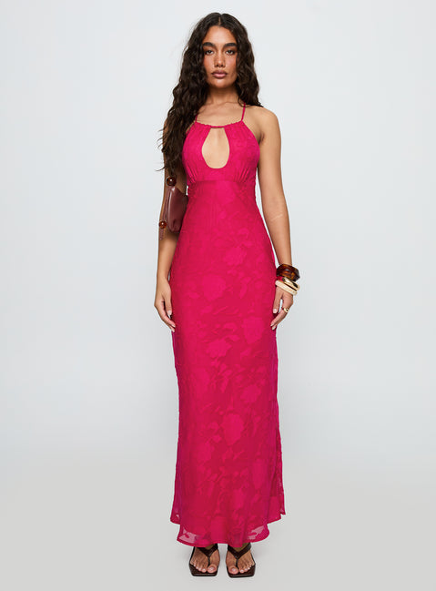 front view of model wearing Princess Polly Magnetic Halter Maxi Dress Hot Pink Crew Neck 