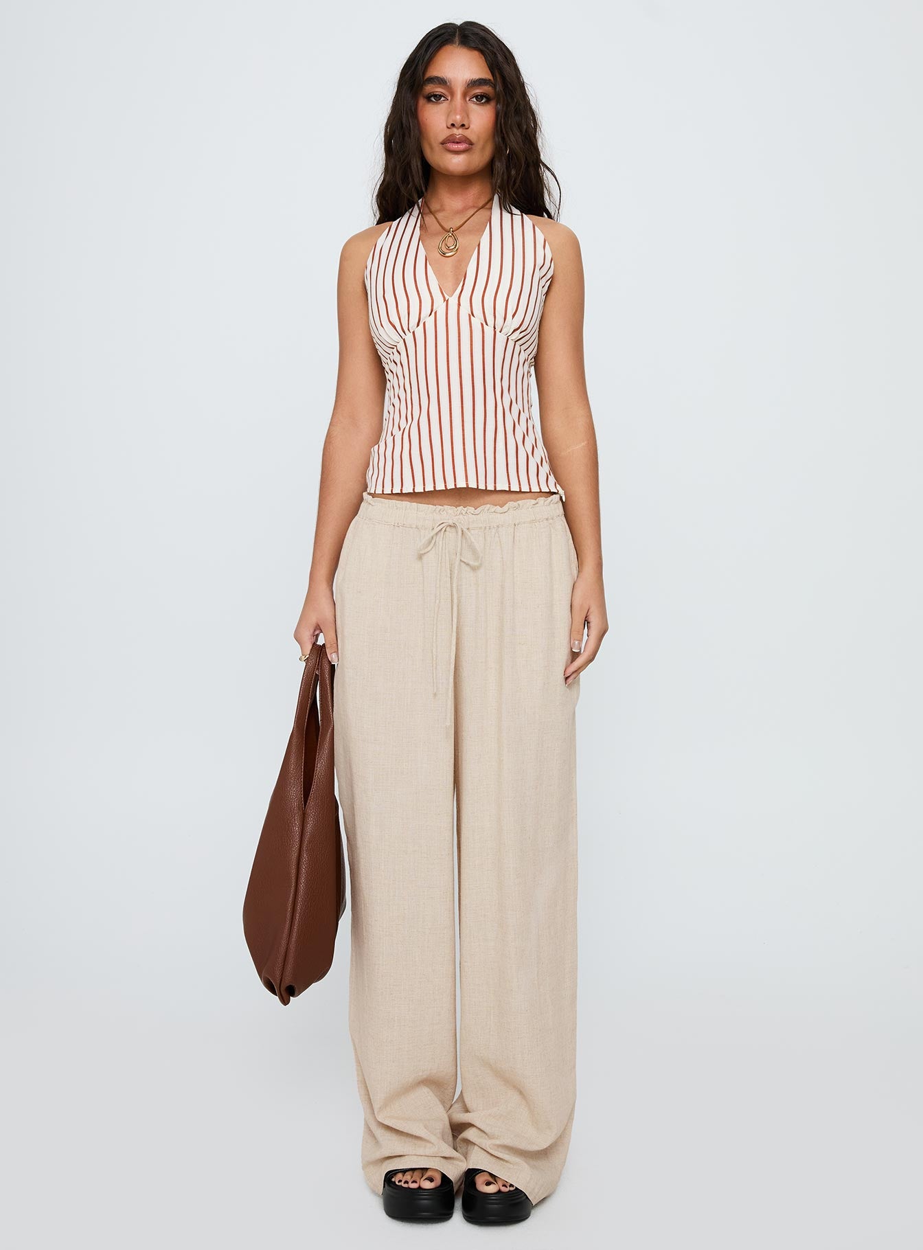 side view of model wearing Princess Polly Seascape Oversize Tie Pants Natural High Waisted Pants 