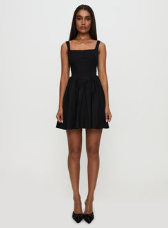 front view of model wearing Princess Polly Martie Mini Dress Black Square Neck 