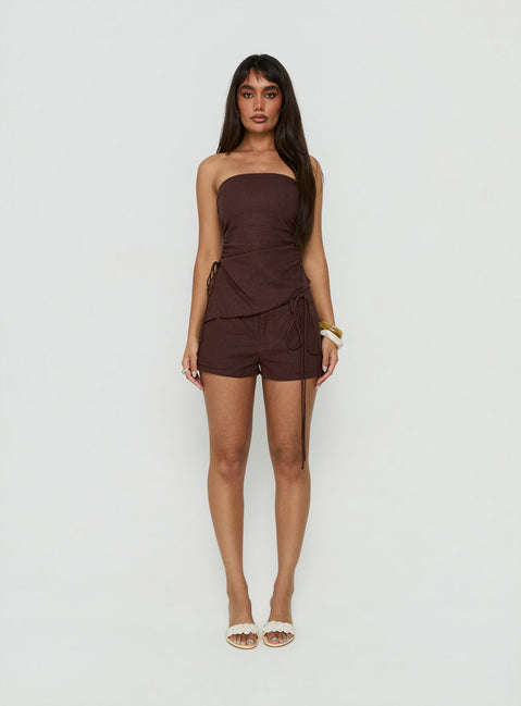 Lylie Linen Blend Tie Side Micro Shorts Brown
