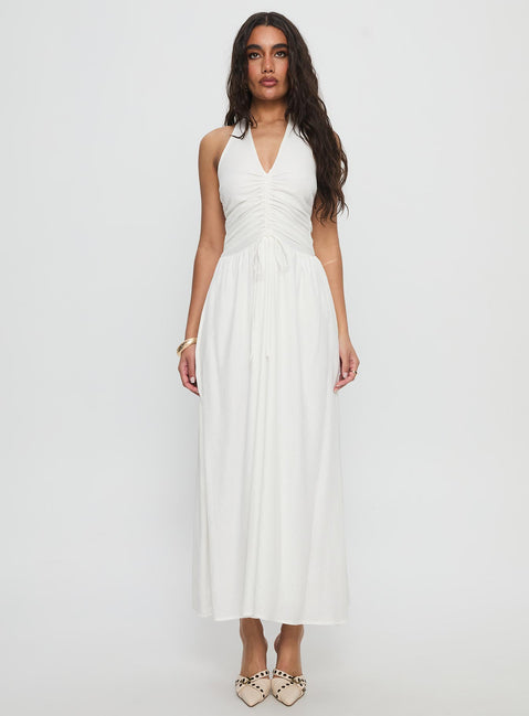 Jozefine Halter Ruche Maxi Dress White | Princess Polly Jozefine Halter Ruche Maxi Dress White | Princess Polly