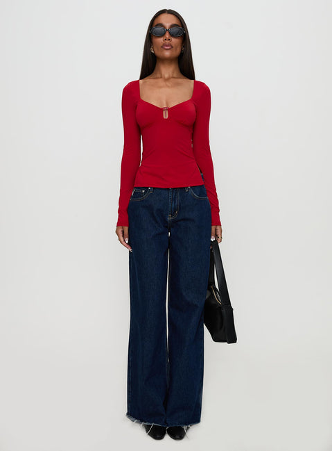 front view of model wearing Princess Polly Keane Long Sleeve Top Red Full Sleeves Sweetheart 