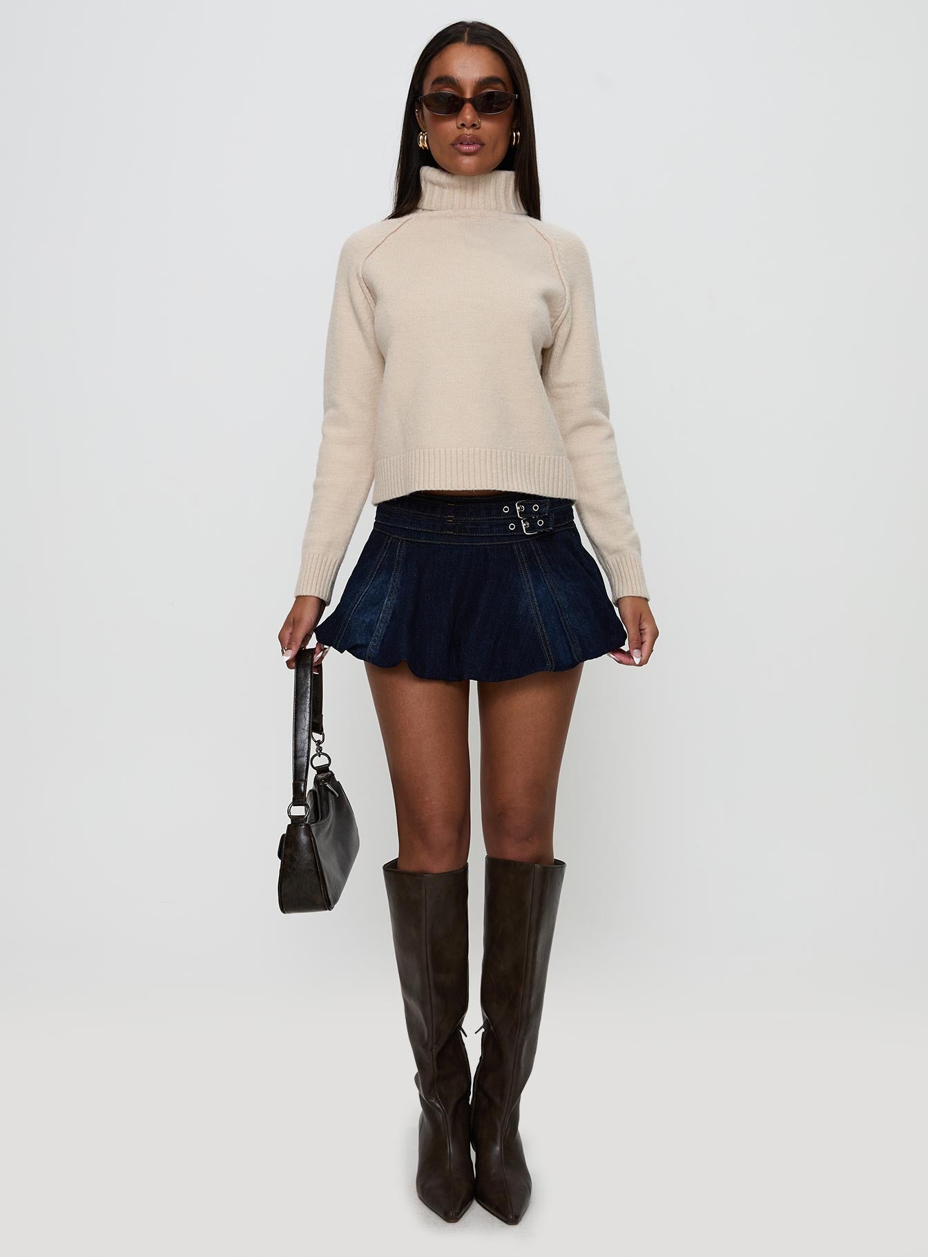 front view of model wearing Princess Polly Enrica Funnel Neck Knit Sweater Cream Cropped 