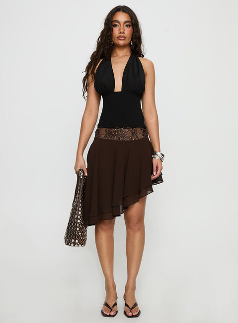   front view of model wearing Princess Polly Benjy Chiffon Waterfall Midi Skirt Brown 