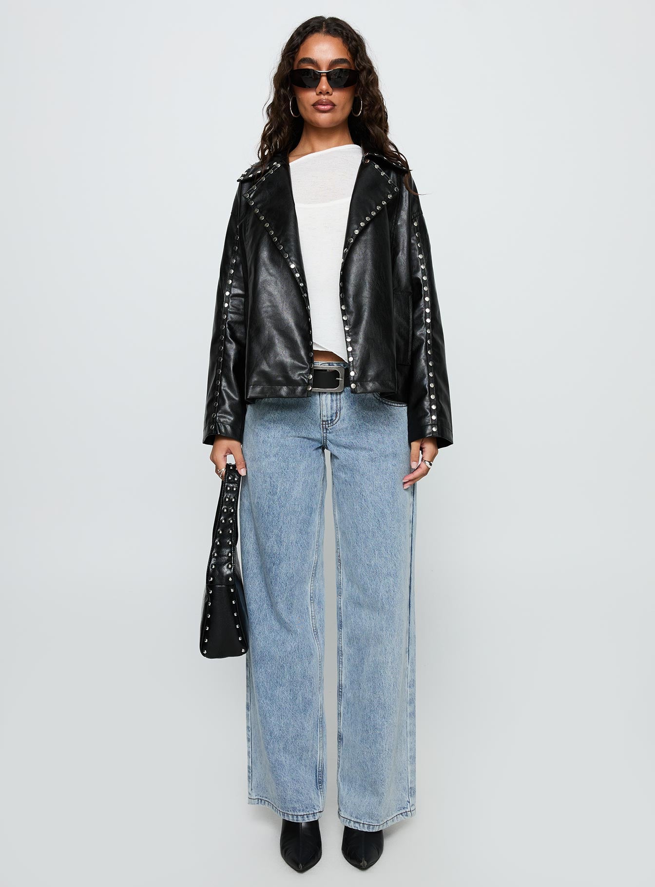 Kaeden Faux Leather Stud Detail Biker Jacket Black