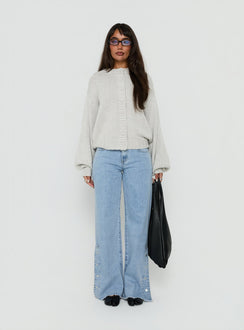 Showcasing the Edern Cardigan Light Grey Marle womens-jumpers in short oversized front view of model wearing