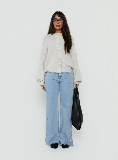 Showcasing the Edern Cardigan Light Grey Marle womens-jumpers in short oversized front view of model wearing
