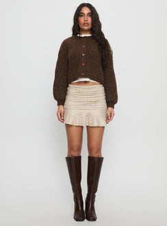 side view of model wearing Princess Polly Hadly Knit Cardigan Brown cropped 