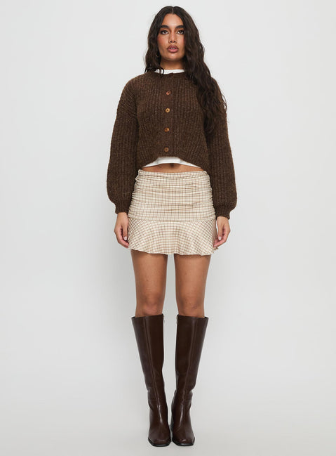 side view of model wearing Princess Polly Hadly Knit Cardigan Brown cropped 