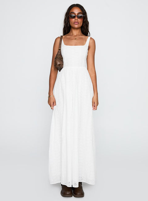 front view of model wearing Princess Polly Cartmel Broderie Maxi Dress White Square Neck 