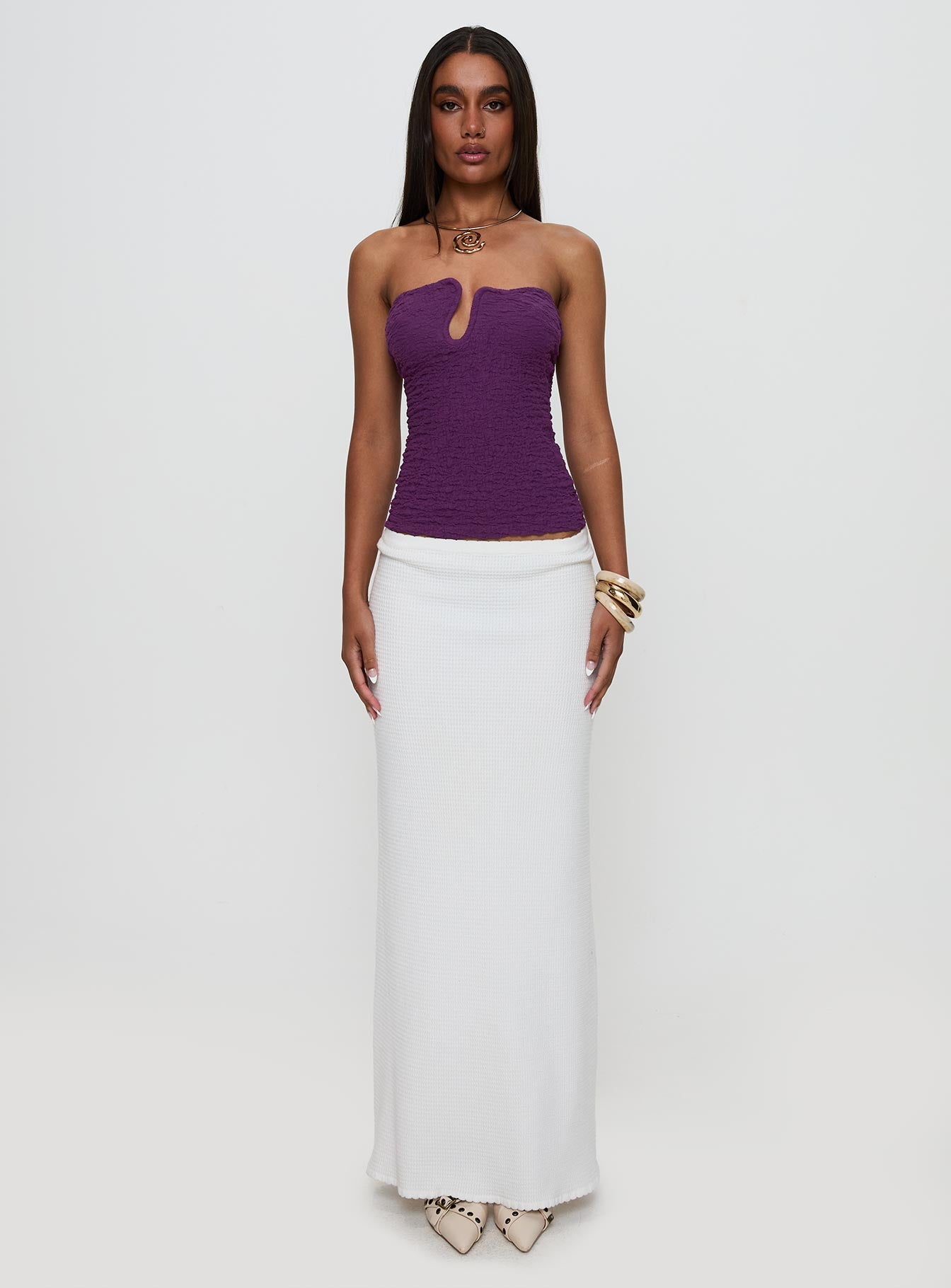 back view of model wearing Princess Polly Secret Moments Strapless Top Purple Sleeveless Plunger 