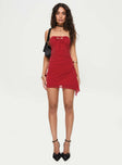 front view of model wearing Princess Polly Maple Syrup Strapless Mini Dress Red Straight Neck 