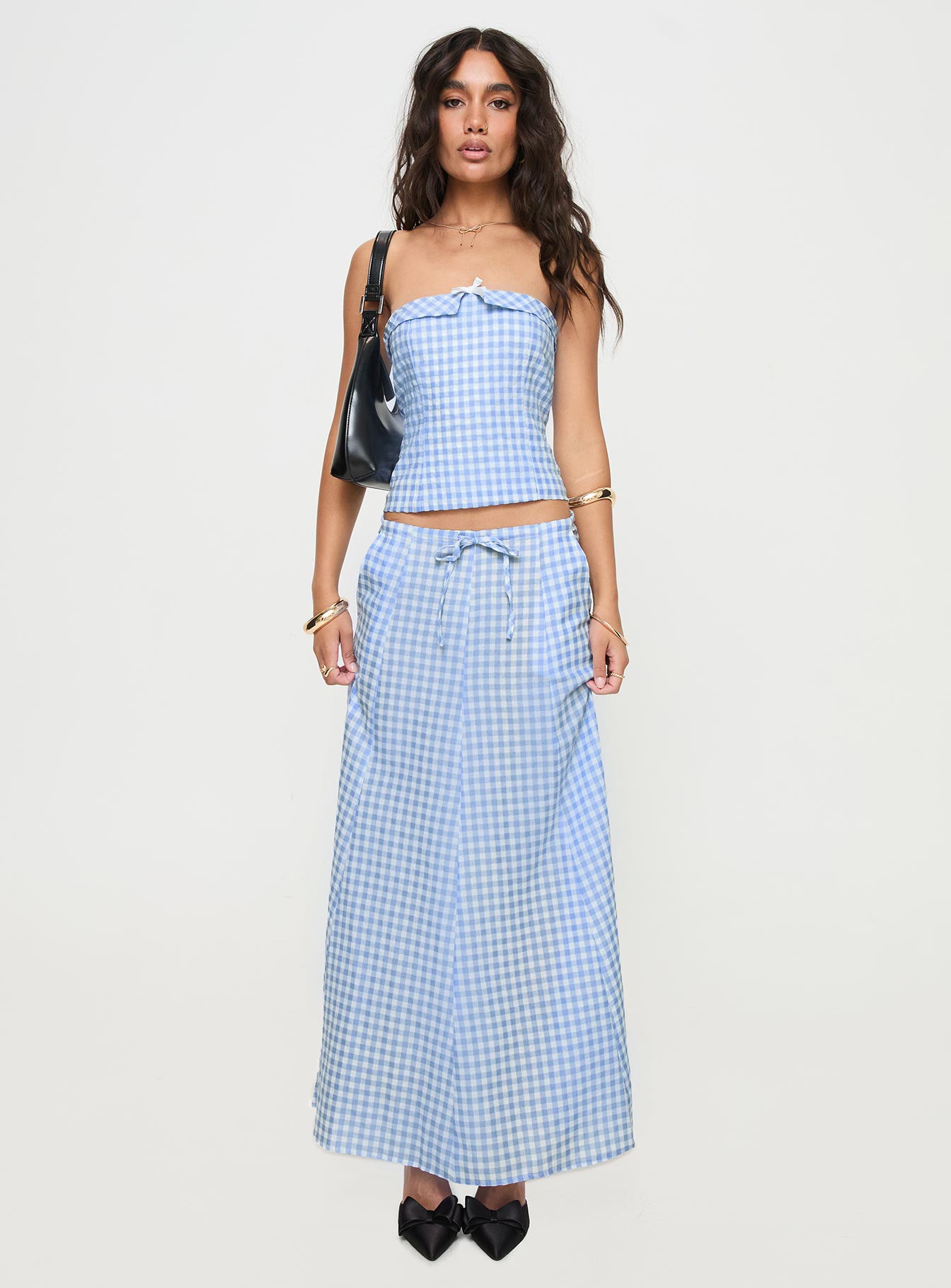 front view of model wearing Princess Polly Carmino Strapless Top Blue Check Sleeveless straight 