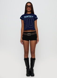 front view of model wearing Princess Polly Perfect 10 Graphic Top Blue Short Sleeves Crew Neck 