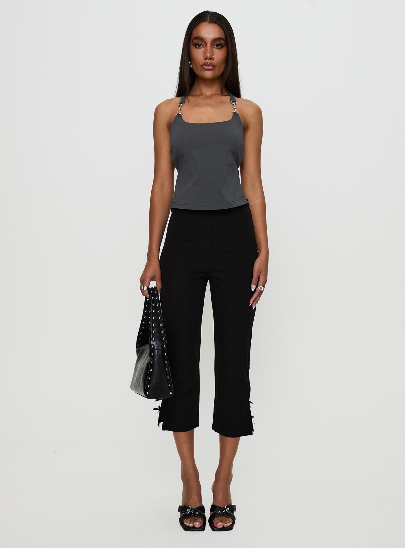 front view of model wearing Princess Polly Eyes On You Backless Top Slate Sleeveless Scoop Neck 