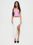 White Midi skirt Ruffle detailing throughout, open-side leg, elasticated waist