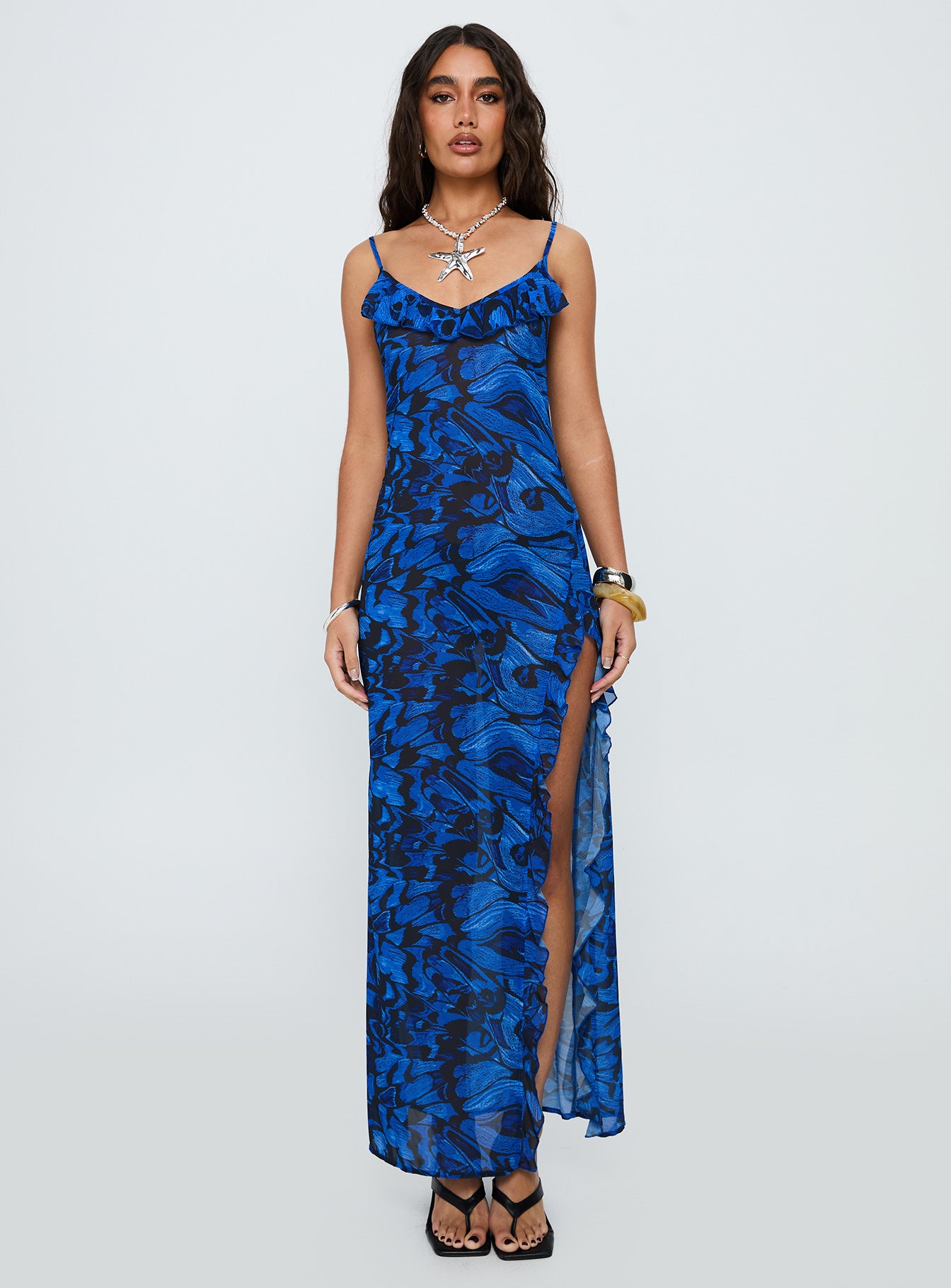 What A Thrill Split Detail Maxi Dress Blue Multi | Princess Polly What A Thrill Split Detail Maxi Dress Blue Multi | Princess Polly