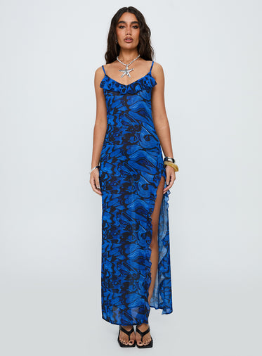 What A Thrill Split Detail Maxi Dress Blue Multi