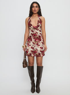 Salome Halter Cowl Neck Mini Dress Red Multi