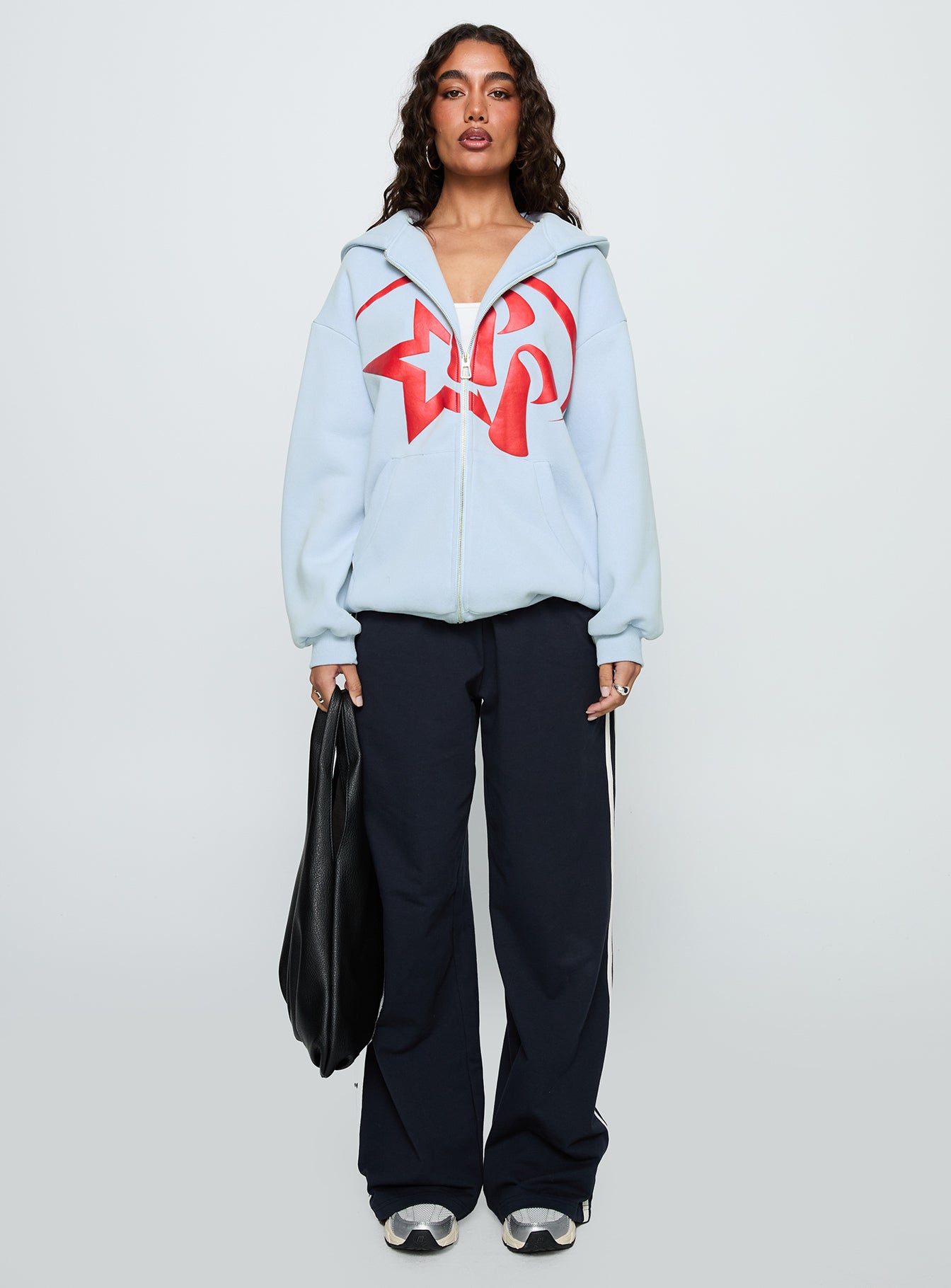 front view of model wearing Princess Polly Starblazer Zip Up Graphic Hoodie Blue / Red Long 