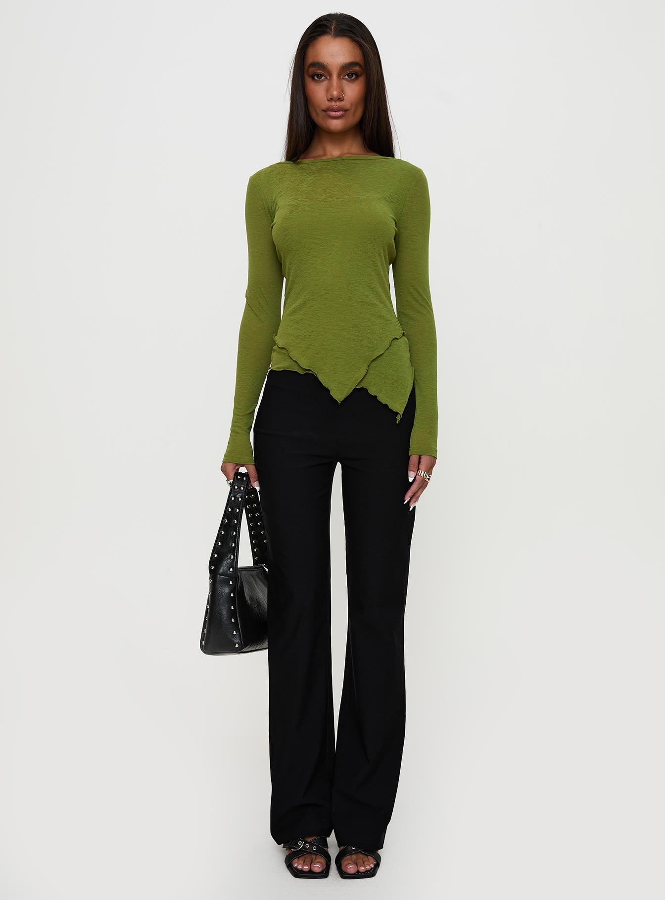 front view of model wearing Princess Polly I Know You Backless Long Sleeve Top Green Full Sleeves Boat Neck 