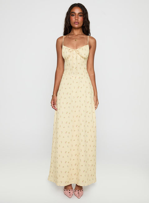 front view of model wearing Princess Polly Members Only Maxi Dress Yellow Floral Sweetheart Neckline 